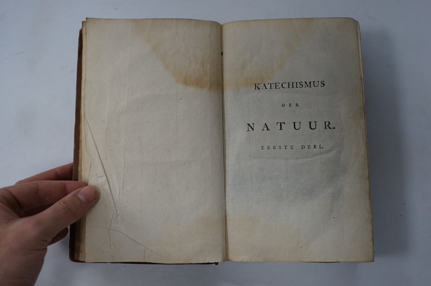 Martinet, Jan Floris - Katechismus der natuur, 4th edition - vol.1 (of 4), 8vo, burr calf, with 7 plates, one hand-coloured, others folded, damp stained throughout, Johannes Allart, Amsterdam, 1778